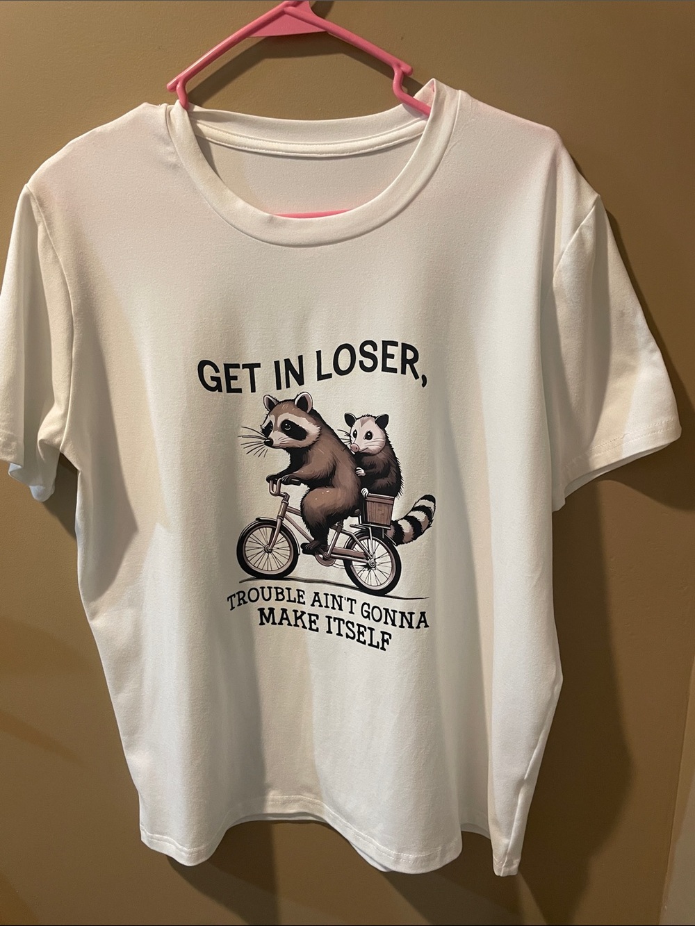 White Graphic Tee - "Get In Loser" Raccoon Design